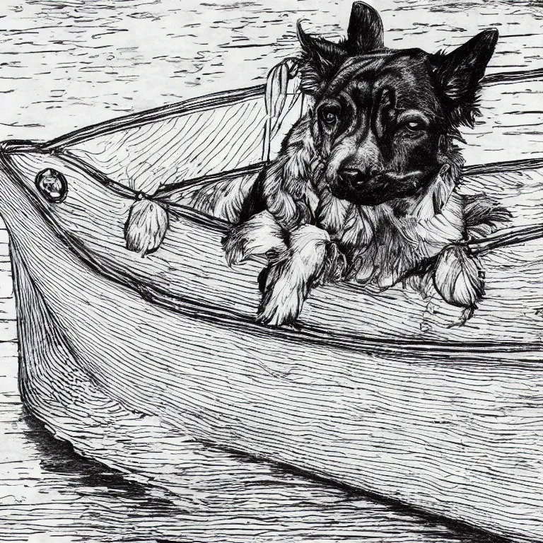 Image similar to a dog in a boat, black and white, botanical illustration, black ink on white paper, bold lines