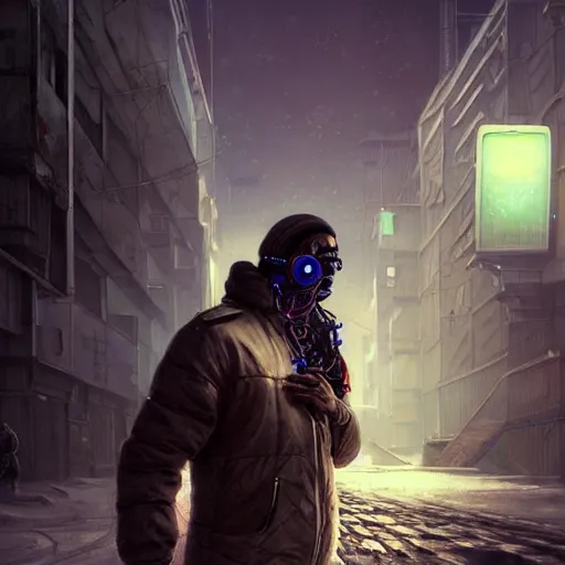 Image similar to A portrait of a cyberpunk guy on the street of a Soviet slum on the moon, Norilsk, sci-fi, fantasy, intricate, very very beautiful, elegant, highly detailed, digital painting, artstation, concept art, smooth, sharp focus, illustration, art by artgerm and greg rutkowski and alphonse mucha