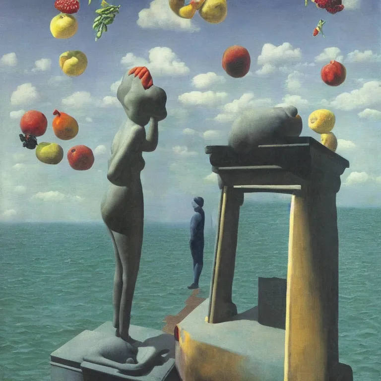 Prompt: A Monumental Public Sculpture of a 'Time Machine for Mistakes made out of Fruit Snacks' on a pedestal by the Sea, surreal oil painting by Rene Magritte and Max Ernst shocking detail hyperrealistic!! Cinematic lighting