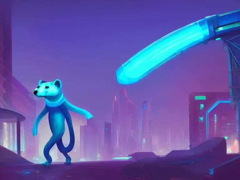 Image similar to a bioluminescent ferret, in a cyberpunk park, 8 k, digital painting, stylized, electric blue gradient, warm color scheme, dynamic lighting, octane, trending on artstation