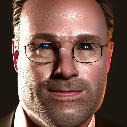 Image similar to an ultra realistic, cinematic headshot portrait of sleazy hollywood agent gary murdoch, smiling, soft light, dreamy, facial features, detailed, deep focus, vaporwave background, movie still, dramatic lighting, ray tracing, by michal karcz and yoshitaka