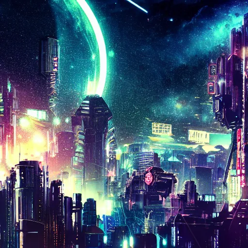 Image similar to cyberpunk city with deep field and many galaxies in the sky, highly detailed, sharp focus