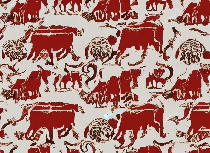 Prompt: painted pattern which figures of ancient hunters mammoths vw buses, rock cave painting, red ocher, finger painting