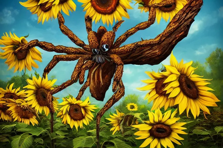 Prompt: a cut tree trunk with sunflowers around it, giant spider in the background, concept art, artstation