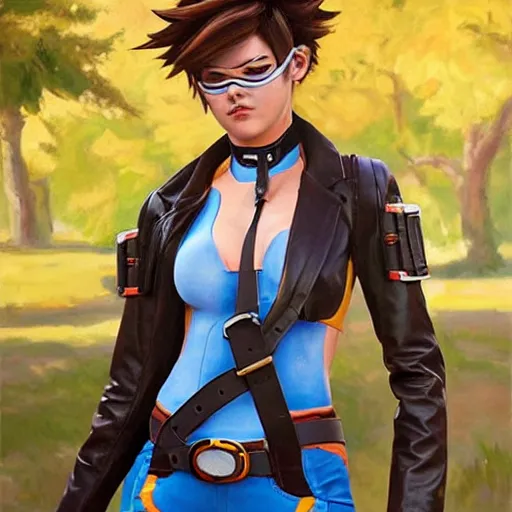 Image similar to oil painting of tracer overwatch in a field wearing large leather belt choker collar around neck, in style of mark arian, expressive face, detailed face, detailed eyes, full body, feminine face, tracer overwatch,