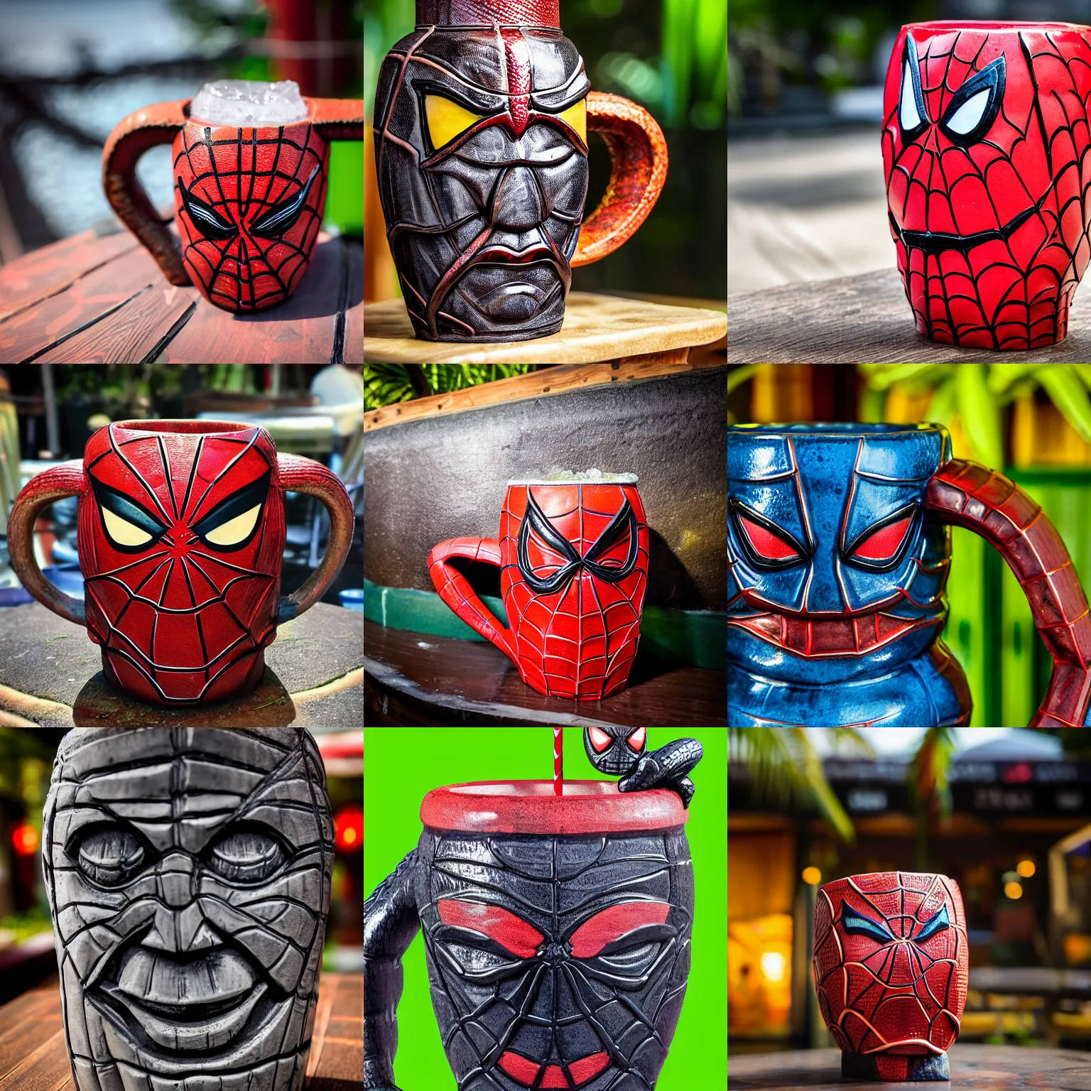 Image similar to a closeup photorealistic capture of glossy spider man style tiki mug at an outdoor trader vic's bar featuring the face of spider man. tiki theme. bright scene. fine detail. this 4 k hd image is trending on artstation, featured on behance, well - rendered, extra crisp, features intricate detail, epic composition and the style of unreal engine.