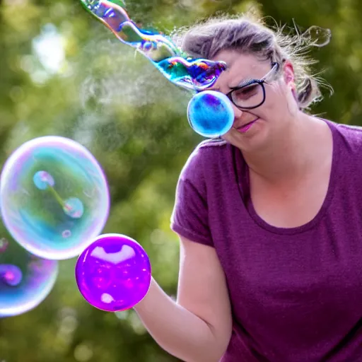 Image similar to A mom catching a girl blowing an enormous soap bubble, 8k