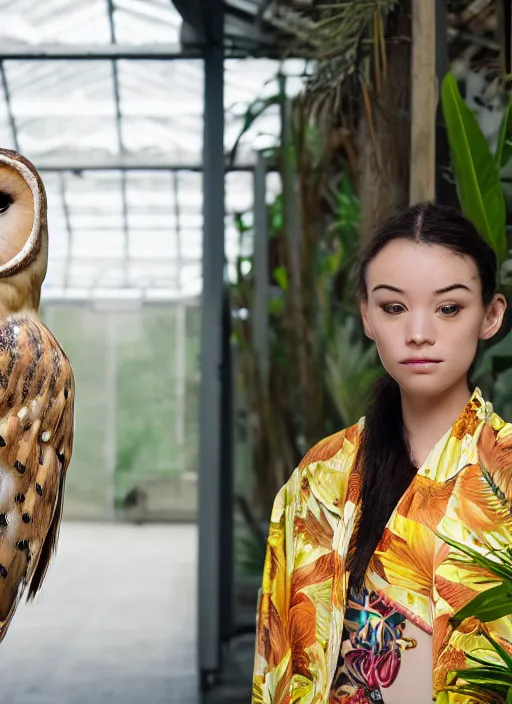 Image similar to amazing portrait photograph of beautiful young female model, symmetric face, symmetric eyes, slight smile, natural light,wearing a yellow kimono with a very detailed barn owl on her shoulder!!! in a tropical greenhouse. looking at the camera!!. super resolution. Extremely detailed. art by Rineke Dijkstra.