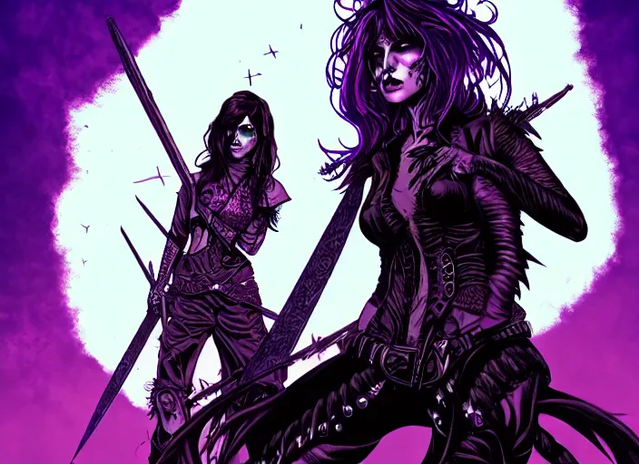 Image similar to fantasy comic cover art of female hero lead singer in a rock band of grim reapers, battling in a purple post apocalyptic hellscape, detailed faces, intricate details, stunning inking lines, stunning gradient colors, 4 k, hd, artstation, award winning