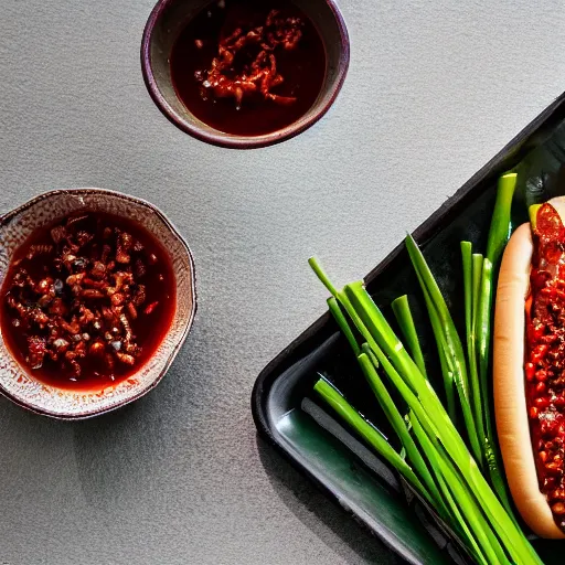 Image similar to “Chicago-style hot dog with Sichuan hot pot dried chili peppers, Sichuan peppercorn sauce and green onions, award winning photography, 40mm, f4”