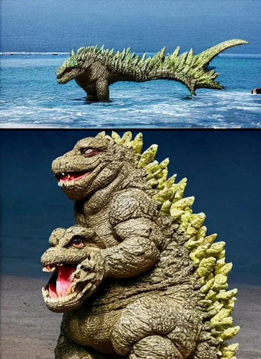 Image similar to godzilla as a mozzarella on the sand of a beach