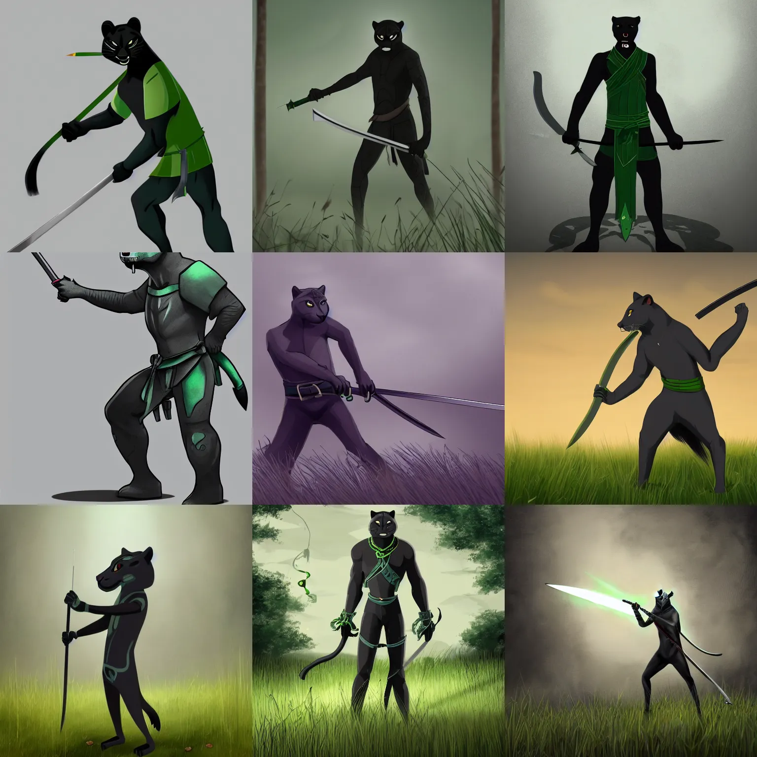 Prompt: grey anthropomorphic panther human, green and black hair, wielding a katana, wearing ninja clothes, standing in tall grass, at dawn, artstation, fantasy