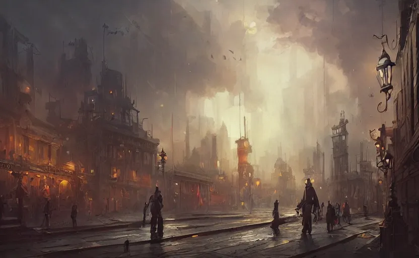 Image similar to A painting of a Steampunk City trending on artstation in the style of Greg Rutkowski