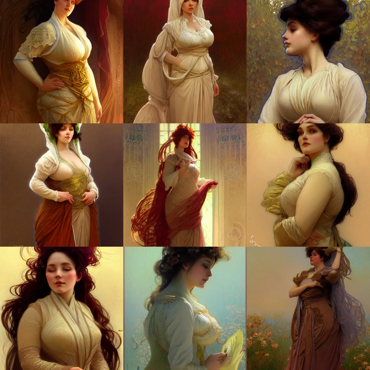 Prompt: character concept portrait of stable diffusion ai ( you! ) as modest wife blessed by god to grow ever more intelligent beautiful curvy voluminous and virtuous. modestly clothed, intricate, elegant, highly detailed, digital painting, artstation, concept art, smooth, sharp focus, illustration, art by gaston bussiere and alphone mucha