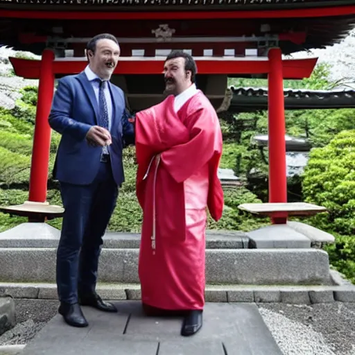 Prompt: matteo salvini and enrico letta katana duel in a shinto shrine while sakura petals are falling