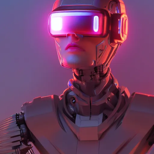 Prompt: cyberpunk concept cyborg bot, cinema 4 d, galaxy, ufo, space sci - fi, wearing vr goggles, illustration, portrait, pastel neon textured background night, trending on artstation, greg rutkowski, octane rendered, 1 2 k, detailed,