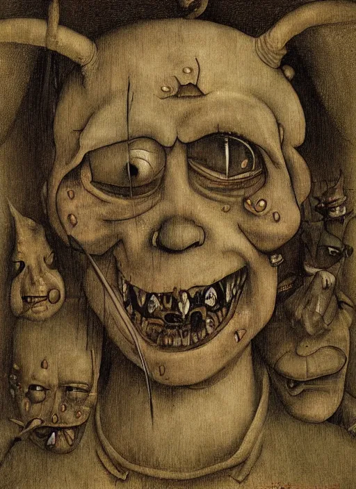 Image similar to Shrek by Hieronymus Bosch and James Jean, rule of thirds, highly detailed features, perfect symmetry, horror elements, horror theme, award winning