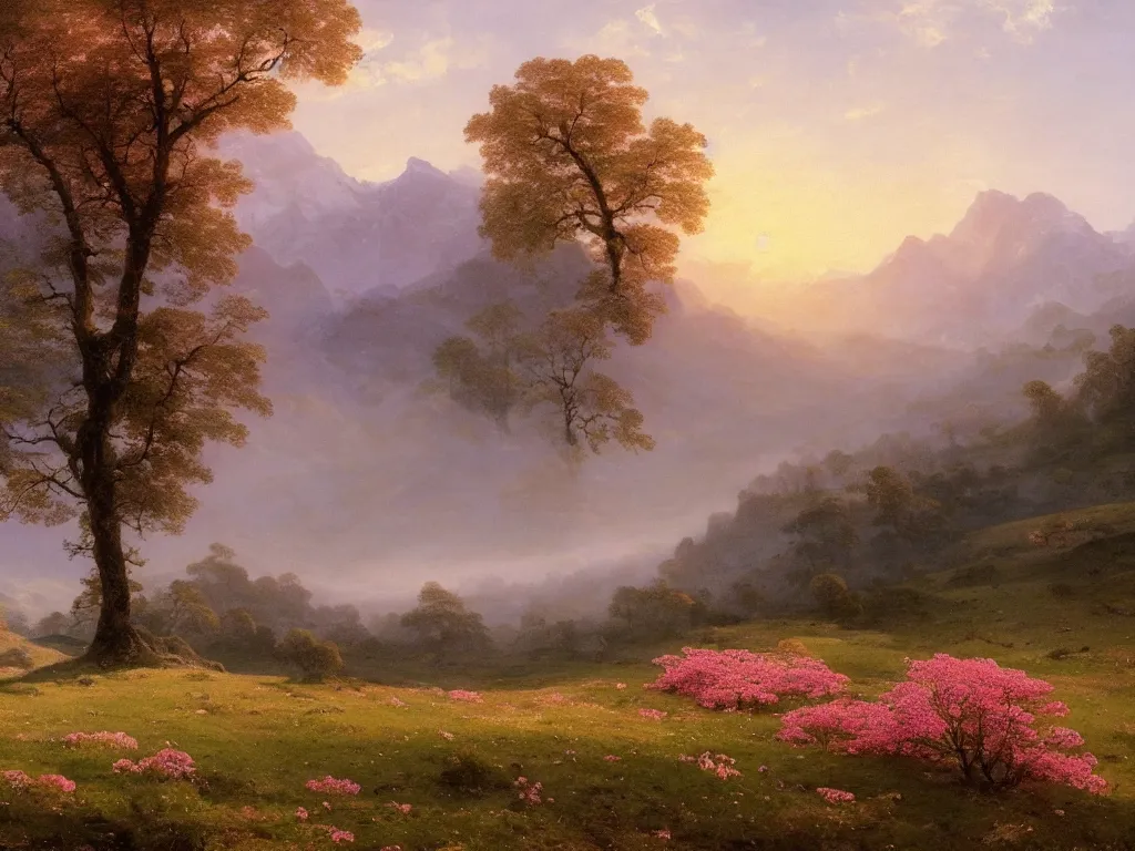 Image similar to epic landscape with rolling hills, groups of old trees with flower meadows in between in early morning light, small pink clouds in the sky and and misty mountains with snowy tops in the far background by alexandre calame and bob ross, godrays, velvia 5 0, large format camera, artstation, vray render