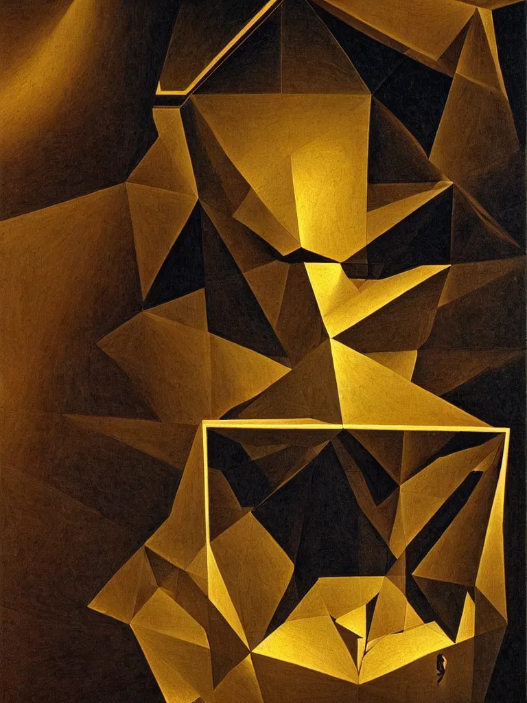 Image similar to hyperrealistic still life portrait of a mind exploding inside of a serene temple, beautiful plans, sacred geometry, light refracting through prisms in a tesseract, by Caravaggio, botanical print, surrealism, vivid colors, serene, golden ratio, rule of thirds, negative space, minimalist composition