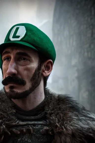 Image similar to very very intricate photorealistic photo of a realistic human version of luigi wearing his hat in an episode of game of thrones, photo is in focus with detailed atmospheric lighting, award - winning details