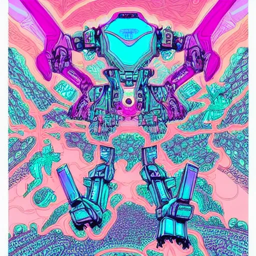 Prompt: beautiful detailed comic illustration, psychedelic fractals and robot mecha dinosaurs, cyberpunk, white, pink, blue, turquoise, orange, pastels