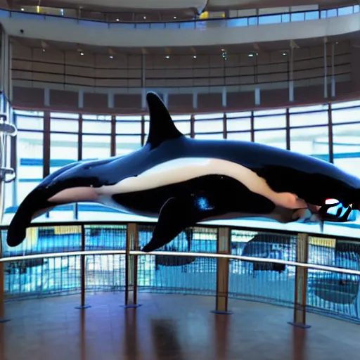 Prompt: a killer whale shopping at mall of america, hyperrealistic, volumetric lighting, unreal engine, realistic shadows