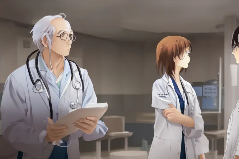 Image similar to a cute young female doctor wearing white coat are talking with an old surgeon in a hospital, lighting, anime scenery by Makoto shinkai