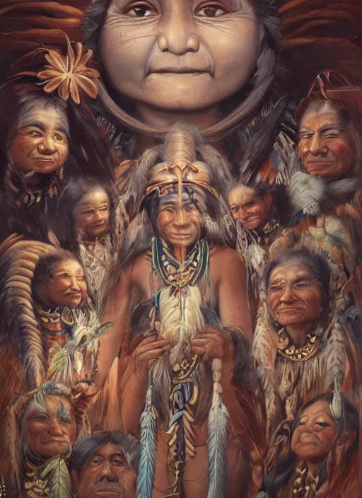 Image similar to faces of indigenous amazonian grandfathers and grandmothers spirits in the clouds, smiling, protection, benevolence, ancestors, detailed faces, hindouist art, religious painting, art by christophe vacher