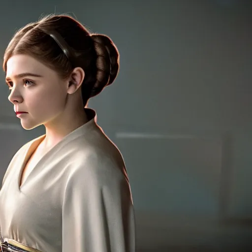 Image similar to Adult Chloe Moretz as Princess Leia, XF IQ4, 150MP, 50mm, f/2.8, ISO 200, 1/400th, natural light