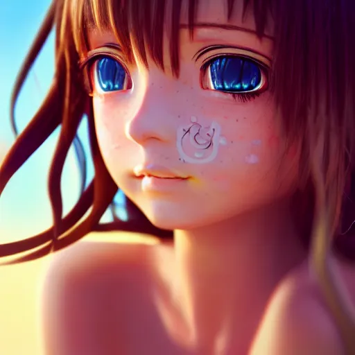 Image similar to Render of a very beautiful 3d anime girl, long hair, hazel eyes, cute freckles, full round face, short smile, cute sundress, golden hour, serene beach setting, medium shot, mid-shot, highly detailed, trending on Artstation, Unreal Engine 4k