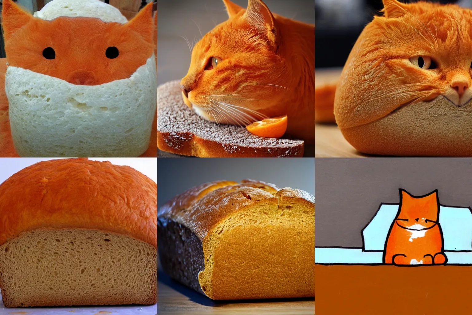 Prompt: an orange cat's head on a loaf of bread