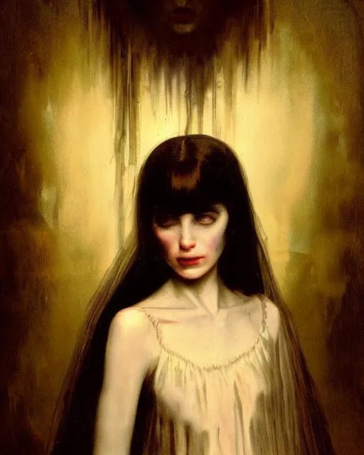 Prompt: a beautiful and eerie baroque painting of a beautiful but creepy girl in layers of fear, with haunted eyes and dark hair piled on her head, 1 9 7 0 s, seventies, wallpaper, a little blood, morning light showing injuries, delicate embellishments, painterly, offset printing technique, by brom, robert henri, walter popp