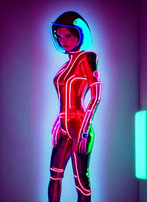 Prompt: a sensual female humanoid with freckles cheeks, retro futurism, cyber neon lighting, detailed futuristic jewelry, retro futuristic glossy latex suit, transparent vest, profile posing, hyper photorealistic, crispy quality, digital photography, trending in artstation, trending in pinterest, cinematic, 4 k ultra hd, art by pascal blanche, art by greg rutkowski,