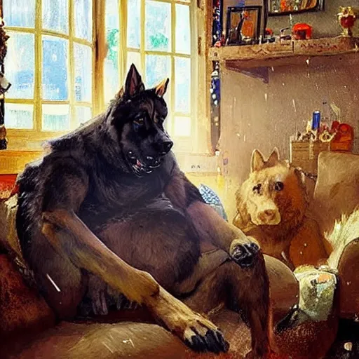 Image similar to a humanoid german shepherd beast - man, sitting and watching a soccer match in his house on television, he has hurt his knee and is a dad, by erin hanson, alexi zaitsev, karl spitzweg, award winning, tv set