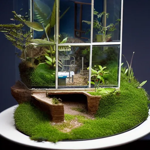 Prompt: a terrarium with sizewell b nuclear power plant diorama inside on top of a minimalist table, lit from the side