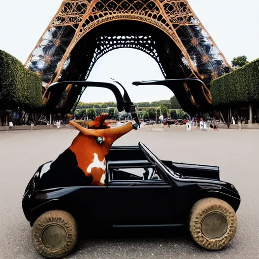 Prompt: cow driving a sports car around the eiffel tower with champagne in its hand