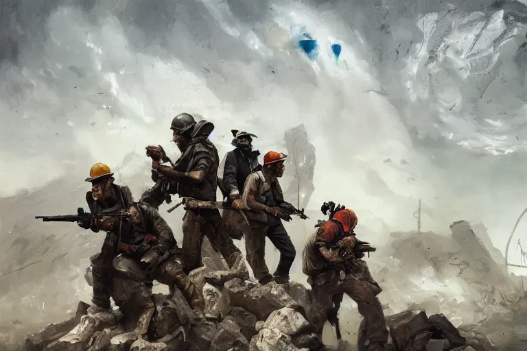 Image similar to intense dramatic still of a ragtag group of miners and factory workers with improvised weapons and firearms, on the surface of an asteroid, outside of a high tech industrial building, oil painting by charles frederic ulrich, jason ryan artstation, greg rutkowski, trending on artstation, incredible detail