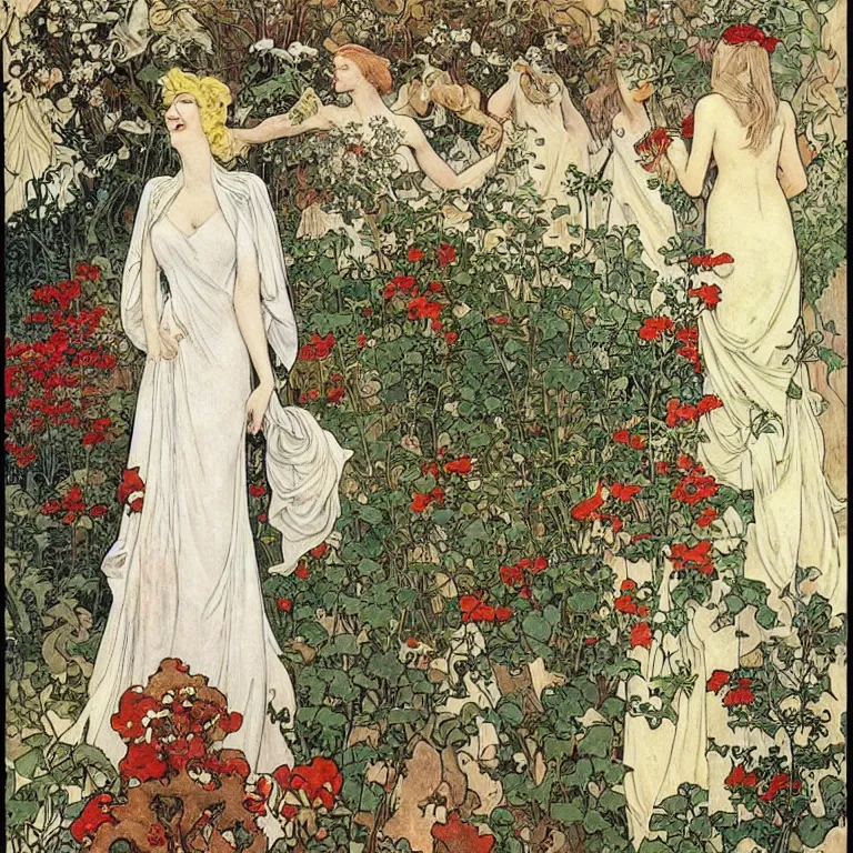 Image similar to A woman stands back in a white dress, blonde with red lips, she is wrapped in ivy and flowers, next to her is a robot man Anton Pieck,Jean Delville, Amano,Yves Tanguy, Alphonse Mucha, Ernst Haeckel, Edward Robert Hughes,Stanisław Szukalski and Roger Dean