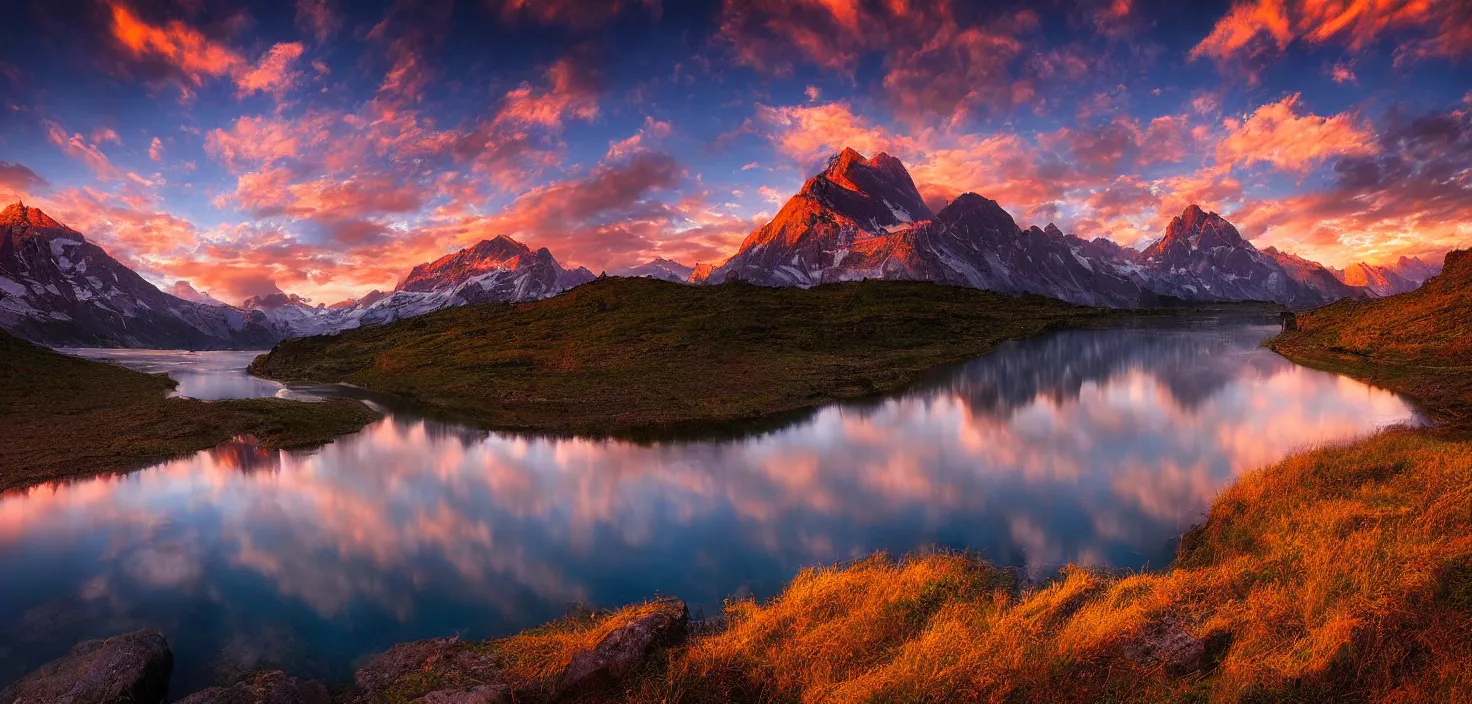 Image similar to amazing landscape photo of mountains with lake in sunset by marc adamus, beautiful dramatic lighting