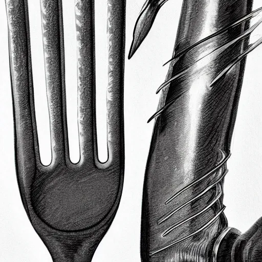 Prompt: a fork breaking, black and white ink, detailed, hyperrealistic trending on artstation