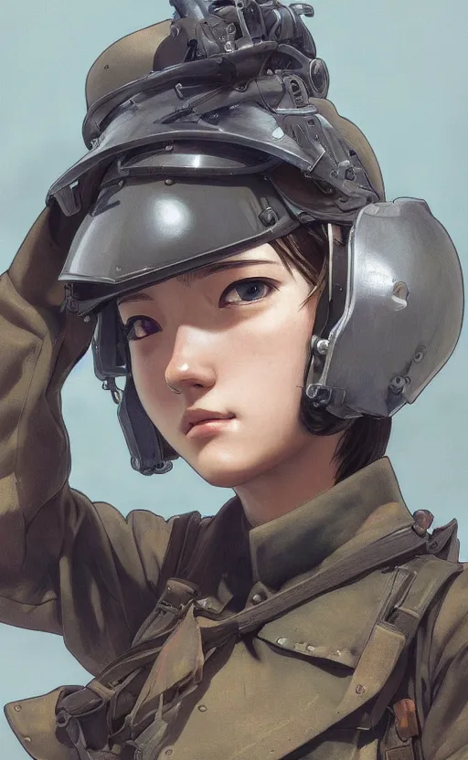 Image similar to side portrait of tanker girl, soldier clothing, combat helmet, anime style, short hair, hair down, symmetrical facial features, from arknights, hyper realistic, 4 k, rule of thirds, extreme detail, detailed drawing, trending artstation, hd, d & d, realistic lighting, by alphonse mucha, greg rutkowski, sharp focus, backlit