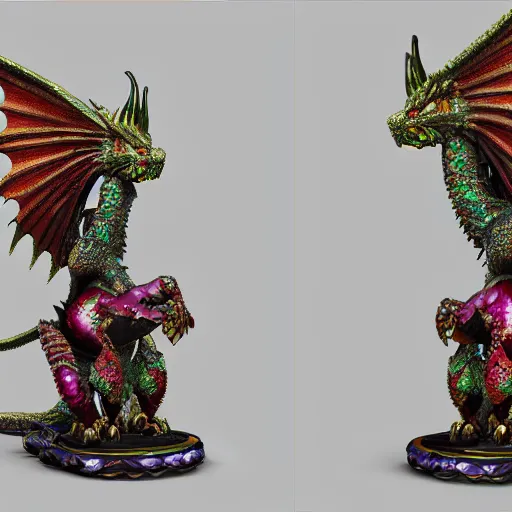 Prompt: a fabergé dragon statue, detailed with gemstones around his back, pearl wings and ruby eyes, realistic, epic, renderized with unreal engine 5