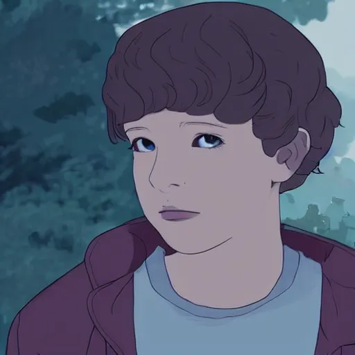 Image similar to Eleven from Stranger things by Makoto Shinkai , character,anime,scene!!!