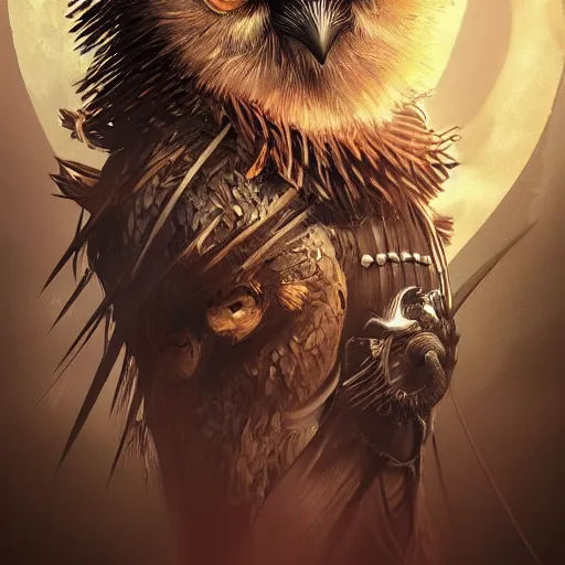 Prompt: an anatomically correct digital artwork of a humanoid owl samurai with r spiky hair, detailed illustration, trending on artstation, by haoyu feng, su fu, smooth shading techniques, dramatic lighting, beautiful masterpiece, 8 k.