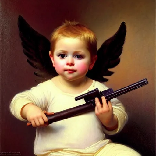 Image similar to full body portrait of a baby cupid with angel wings wearing balaclava mask, holding a gun, emile munier 1 8 9 5, french, cupid, boy, angel, painting, global illumination, radiant light, detailed and intricate environment h 6 4 0