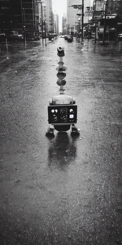 Image similar to robot on the road, city, photo, rain,