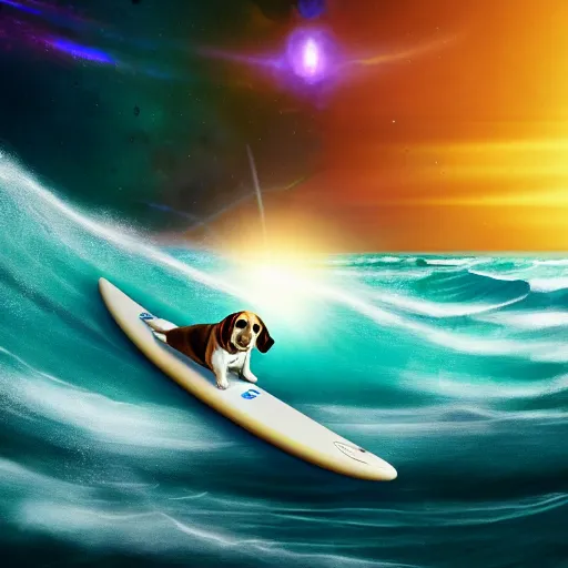 Image similar to photo of a beagle surfing a surfboard on a crashing l wave of alien ocean in space, background is an alien galaxy, aliens in the background, alien colors, octane render, unreal engine, wide view, 8 k, high detaild