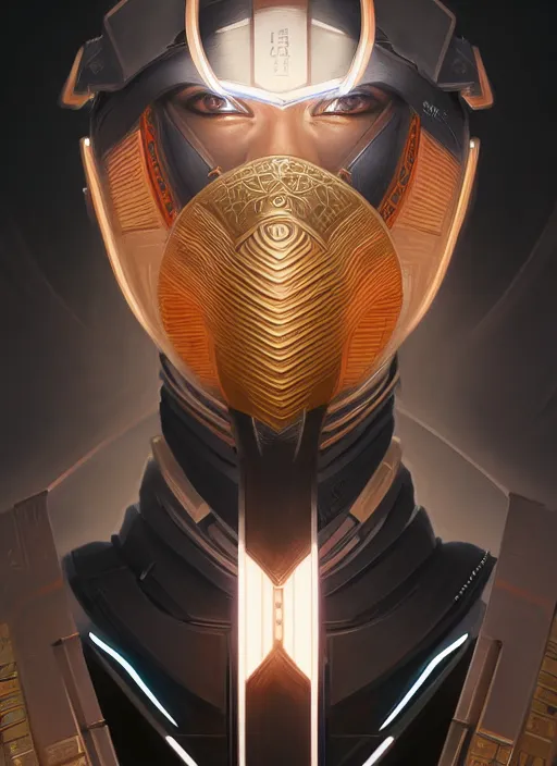 Image similar to symmetry!! portrait of futuristic samurai, sci - fi, tech wear, intricate, elegant, extremely detailed, digital painting, artstation, cinematic lighting, concept art, smooth, sharp focus, illustration, art by artgerm and greg rutkowski and alphonse mucha, 8 k