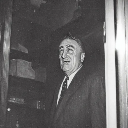 Prompt: grainy photo of franklin roosevelt a creepy monster in a closet, harsh flash