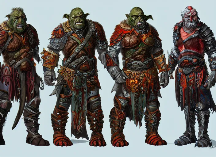Prompt: three different views of orcs in armour, intricate! beautiful colourful digital concept art by senior character artist, trending on artstation, artstation hd, full body